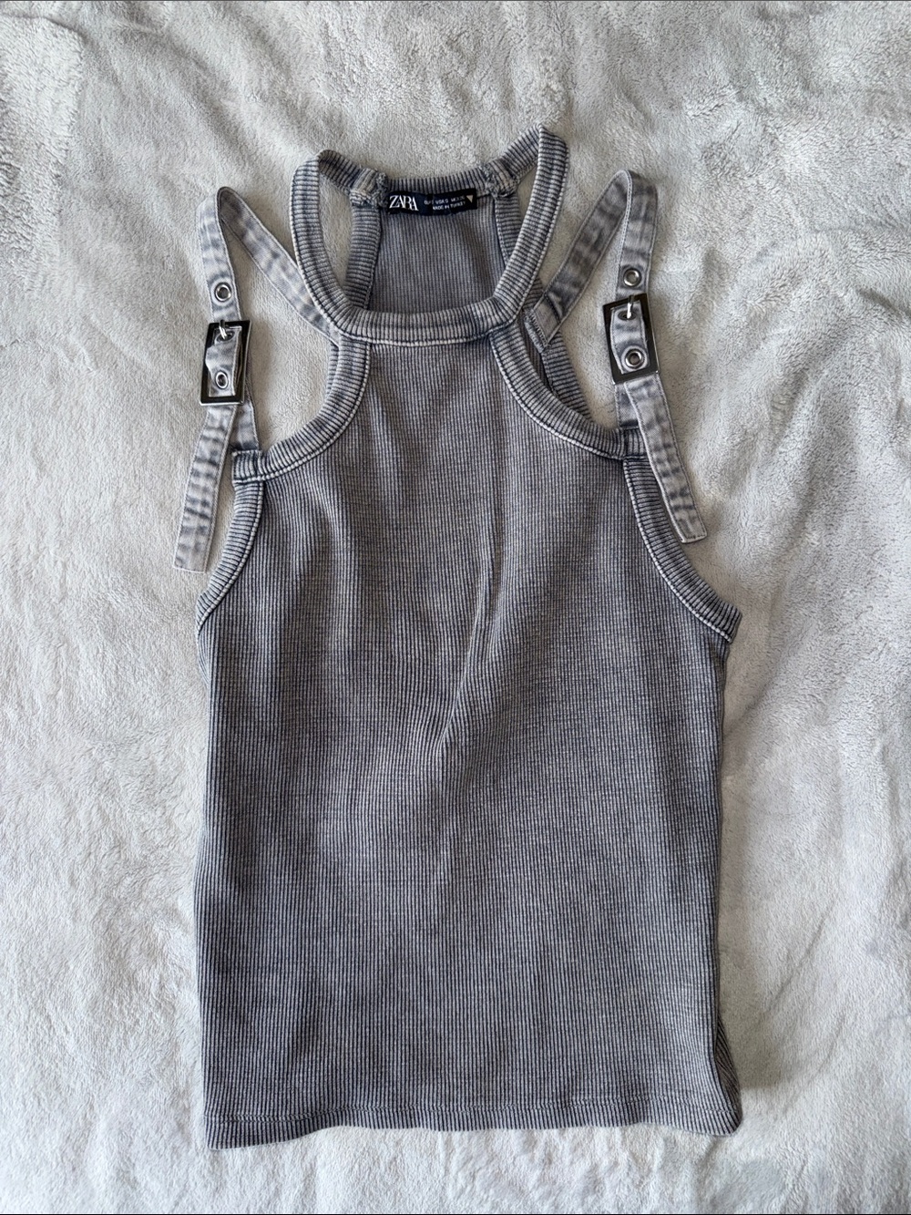 Zara Ribbed Gray Tank with Buckled Straps